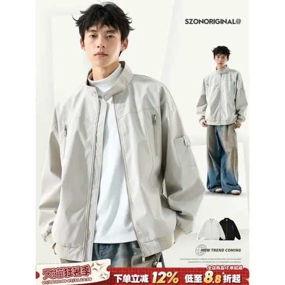 Jaqueta masculina primavera outono estilo americano bombardeiro macacão jaqueta solta gola alta cleanfit ao ar livre jaq
