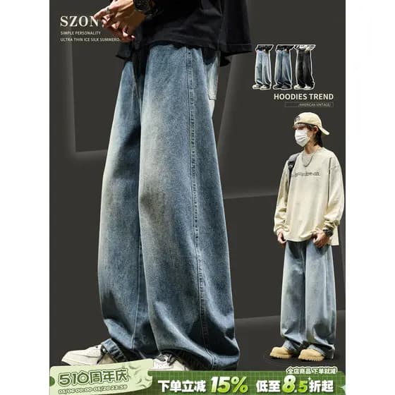 Calças de brim masculinas verão Street wear americano Retro lavado em linha reta calças soltas macacão masculino