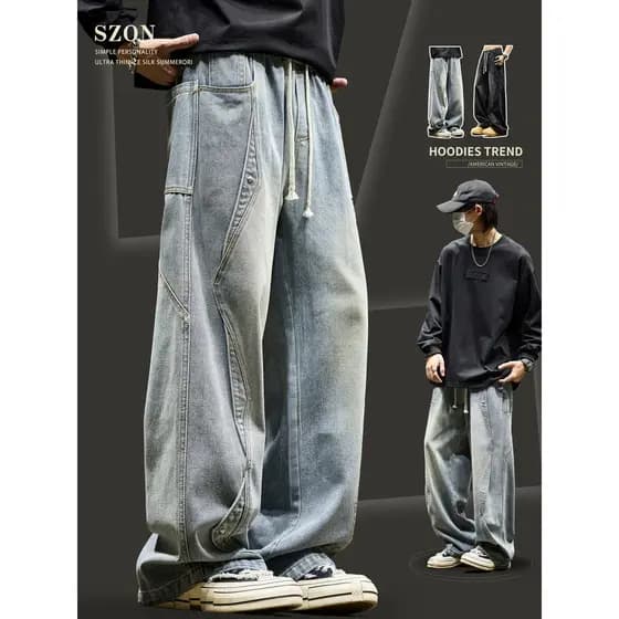 Calças de brim masculinas primavera outono novo estilo estilo americano costura meninos calças soltas em linha reta Retr