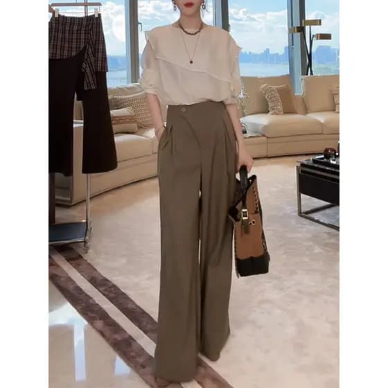 Estilo frio usar um terno inteiro feminino outono Irregular falso xale camisa de manga comprida cintura alta calças de p