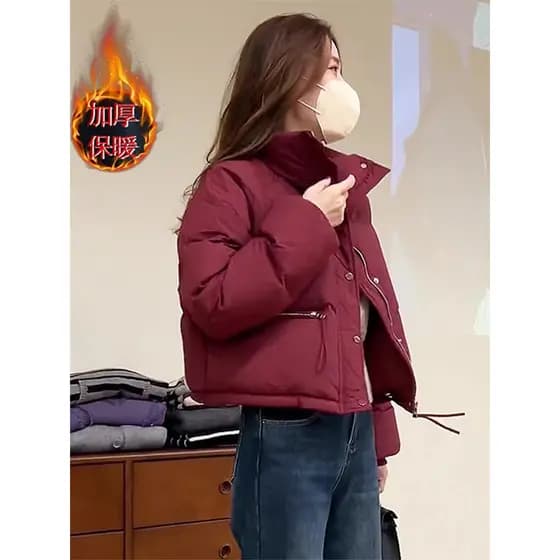 Senhoras vermelho acolchoado jaqueta inverno engrossado 2026 novo estilo acolchoado jaqueta pequena curta pão jaqueta ac