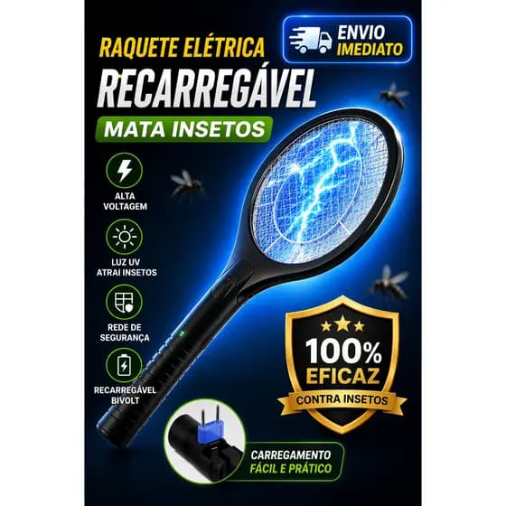 Raquete Elétrica Mata Mosquito Recarregável Bivolt USB Mata Insetos Potente - Cores Sortidas