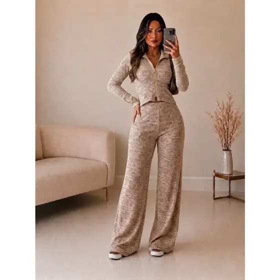 Conjunto Feminino Rib Canelado Calça Pantalona e Blusa com Zíper Moda Inverno