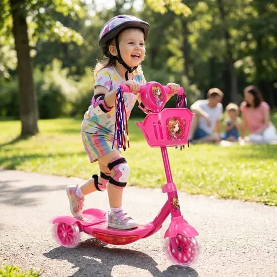 Patinete com Luz Som e Cestinha Rosa Infantil 3 Rodas Até 35kg