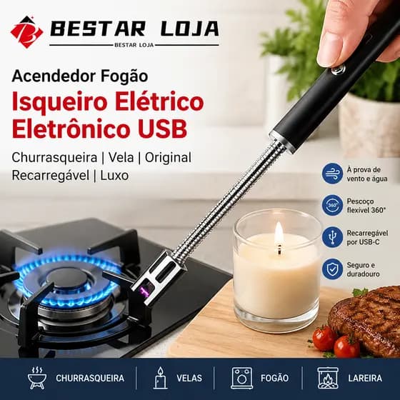 BESTAR LOJA Acendedor Fogão Isqueiro Elétrico Eletrônico Usb Churrasqueira Vela Original Recarregável Luxo
