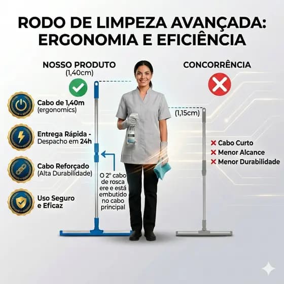 Rodo de Silicone para Limpeza de Vidros , Box . Pisos sem Manchas com cabo extensível 1,45CM