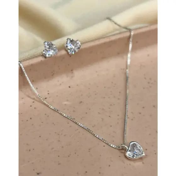 Conjunto Corrente e Brinco Zirconia Coração Ponto de Luz 6mm Prata 925 Legitima