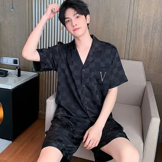 Pijamas masculinos Shorts de manga curta fino gelo seda verão masculino verão seda meninos podem usar fora ternos Homewe