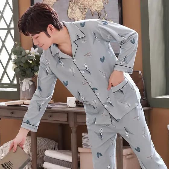 Pijamas masculinos de manga comprida algodão primavera outono pijamas masculinos outono inverno jovem de meia-idade fino