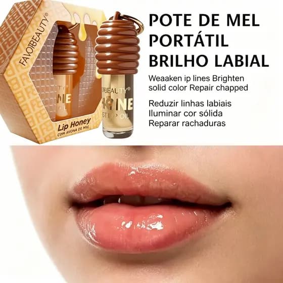 Óleo hidratante para os lábios com mel natural. Repara os lábios rachados e as rugas finas.