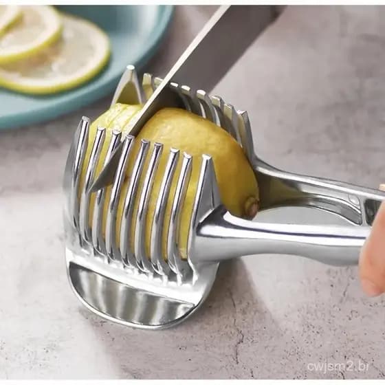1 unidade de Suporte para Fatiar Tomate e Limão, Cortador de Frutas e Cebola Redondo com Cabo, Aço Inoxidável