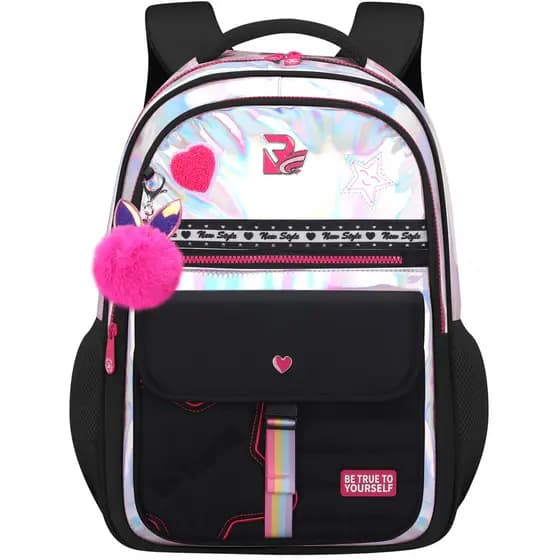 Mochila Escolar Feminina Grande Holográfica Impermeável com Pompom Cute Alta Capacidade Leve para Escola e Uso Diário
