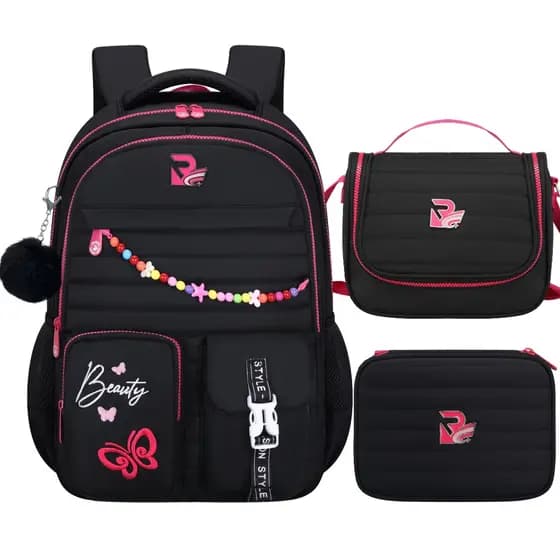 Kit Mochila Infantil Feminina Escolar 3 Peças Mochila Lancheira Estojo Borboleta com Pompom e Miçangas Grande Capacidade
