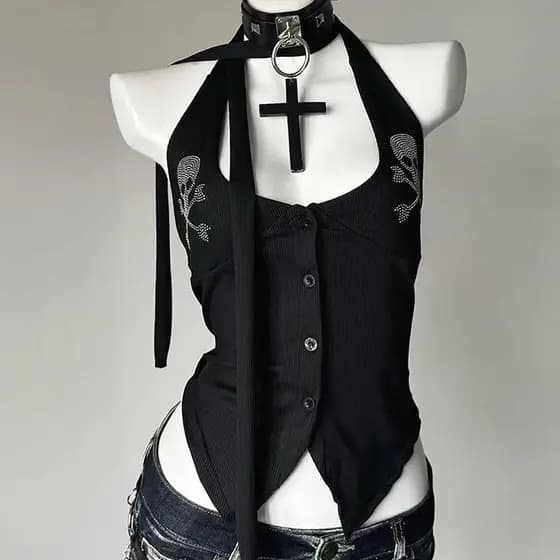 Y2k Yabi Hot Girl Top Halter Neck com Design de Caveira e Strass para Mulheres, Top Sem Alças e Sem Costas para o Verão,