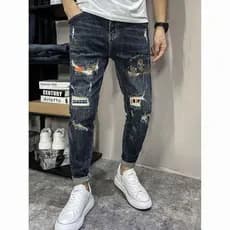 Jeans elásticos de alta qualidade masculino exclusivo rasgado remendo indústria pesada perfuração quente Street Wear Sli