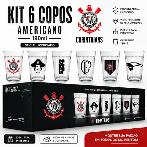 Kit 6 Copos Americanos de Cerveja Corinthians 190ml Oficial Allmix Licenciado Bebidas