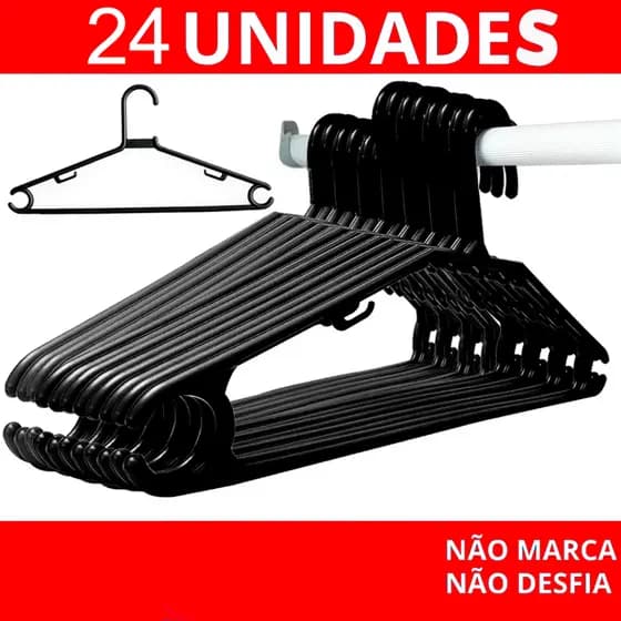 Kit 24 Cabides Preto de Plástico Resistente para Roupas Guarda-Roupa Organização Closet