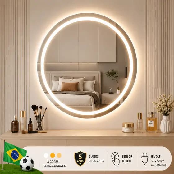 Espelho Banheiro Inteligente 3 Cores LED, Espelho Maquiagem com Luz, Interruptor Toque e Espelho de Parede