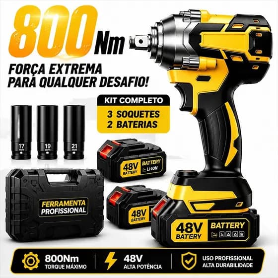 Parafusadeira Chave de Impacto 48V 800Nm Elétrica Sem Fio Alta Potência, Kit Completo com Soquetes e Maleta para Oficina