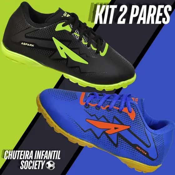 Kit 2 Pares Tênis Chuteira Society Infantil Masculino Grama Sintética Menino Biqueira Reforçada