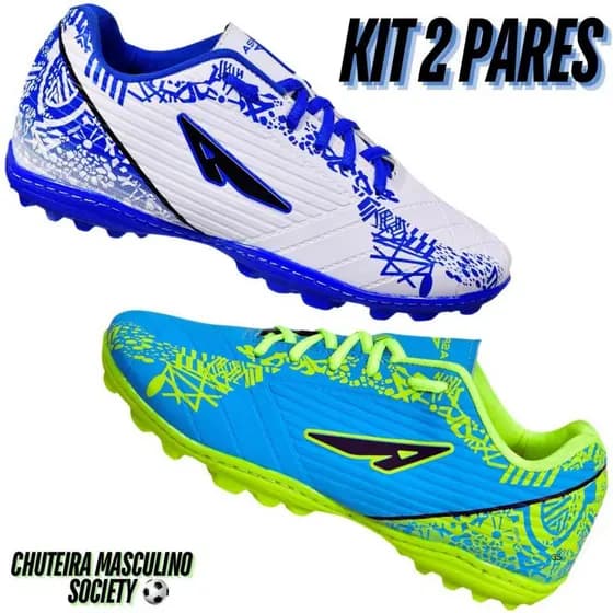 2 Pares Chuteira Society Gramado Sintetico Masculino Adulto Original Promoção Confortável Juvenil