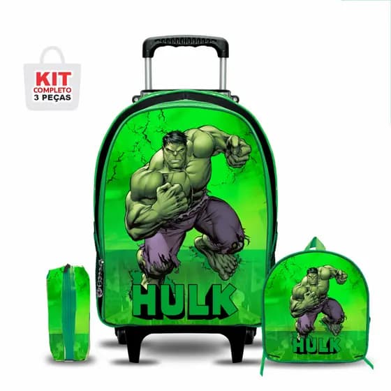 Kit Mochila Escolar hulk Infantil - com Lancheira e Estojo - Rodinhas - Menino - Masculina