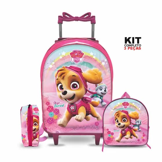 Mochila escolar Patrulha Skye com Lancheira e Estojo - Rodinha - Menina - Feminino