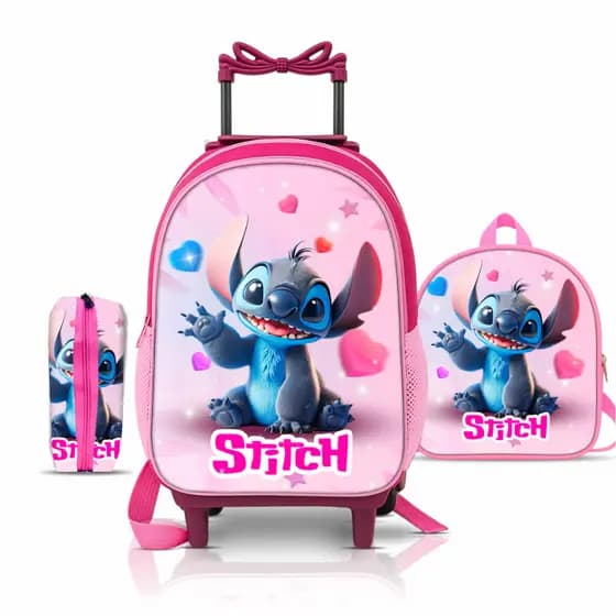 Kit mochila escolar Stitch com lancheira e Estojo - Carrinho com rodinhas - menina - feminino