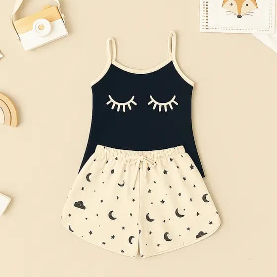 Baby Doll Cilios Fofo Preto Premium Pijama Feminino Adulto Short e Alça Fina Verao Confortavel