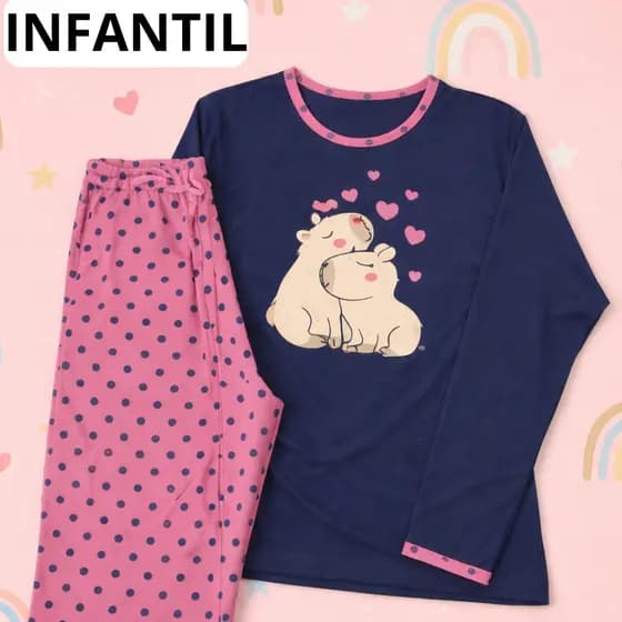 Pijama Infantil Capivarinha Fofa Malha Premium Longo De Frio Inverno Manga Comprida e Calça