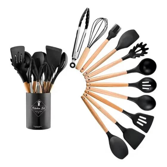 Kit De Cozinha 12 Peças Silicone Utensílios De Cozinha Preto