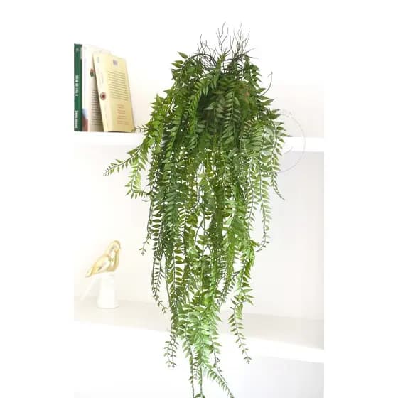 Folhagem Pendente Artificial Realista Toque Natural Com Vaso de Madeira - Arranjo Pronto para Prateleira