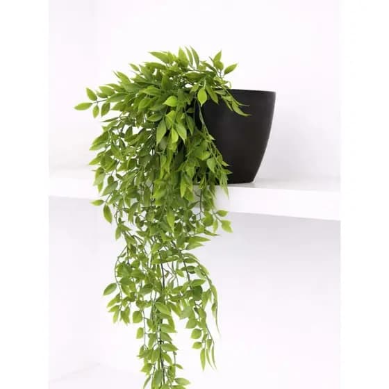 Arranjo de Planta Artificial Pendente C/ Vaso Preto Para Decoração de Prateleira - Folhagem Caída