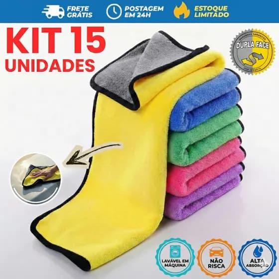 Kit 15x Toalha Automotiva Microfibra 600GSM 30x30 | Limpeza Profissional Sem Fiapos Pronta Entrega