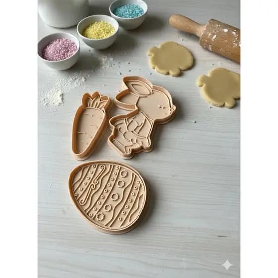 Kit 3 carimbos e Cortador de Biscoito de Páscoa –Coelho, Cenoura e ovo- Deixe Seus Doces Encantadores!