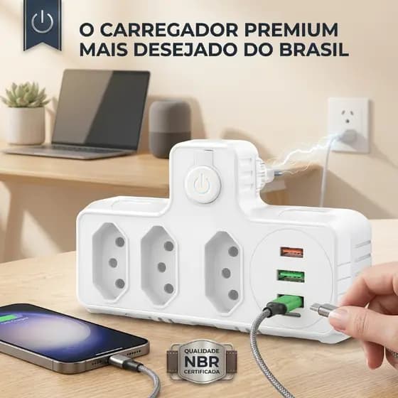 Adaptador de Tomada Universal 3 em 1 com 2 USB e USB-C Bivolt Extensão de Tomada