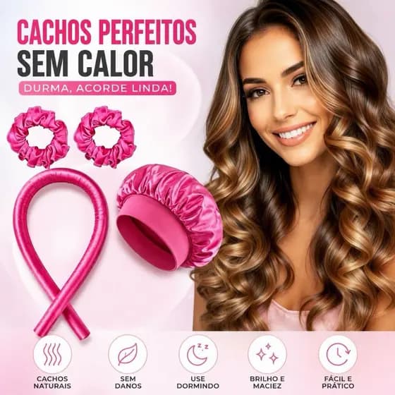 Kit 4 Peças: Modelador de Cachos Heatless + 2 Xuxinhas Cetim + Touca Antifrizz Cetim - Protege o Cabelo e Define Cachos