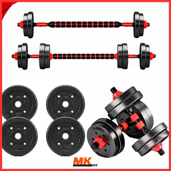 Kit 9 Em 1 Musculação 15kg Halteres Anilhas Barras Supino Ajustáveis Academia Treino em Casa