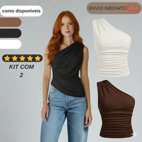 KIT 2 Blusa Feminina Elegante Mula Manca Com Franzido Assimétrica Casual Ombro Único