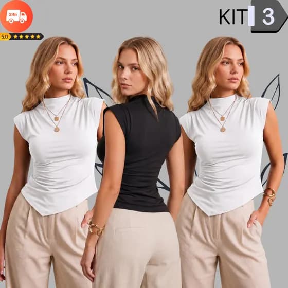 KIT 3 Blusa Gola Alta Básica Assimétrica Elegante Regata Manga Curta Formal Festas Dia a Dia Casual Verão
