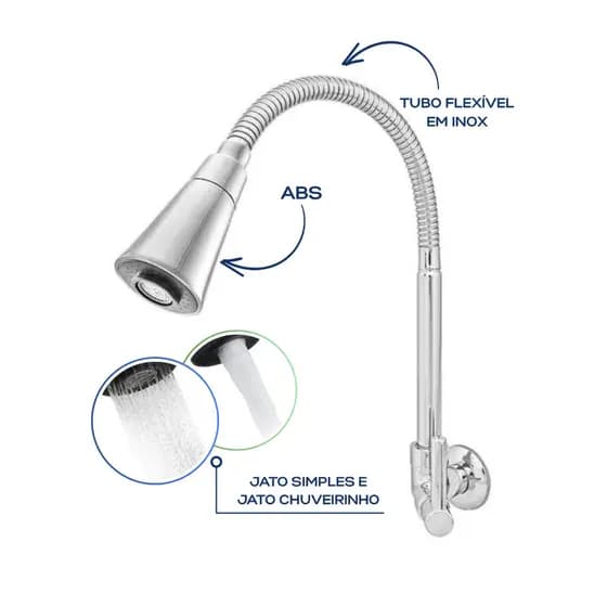 Torneira de Cozinha Parede Gourmet Flexível 2 Jatos 1/4 de Volta Metal