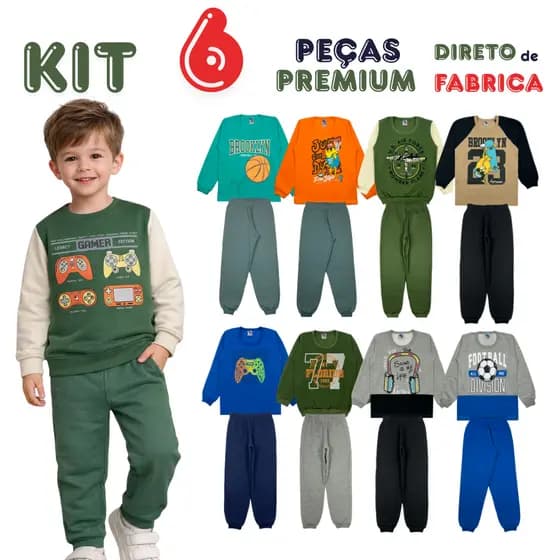 Kit 6 peças Infantil Menino Inverno Moletom Felpado 3 Conjuntos Roupa Infantil Tam 4 6 8 10