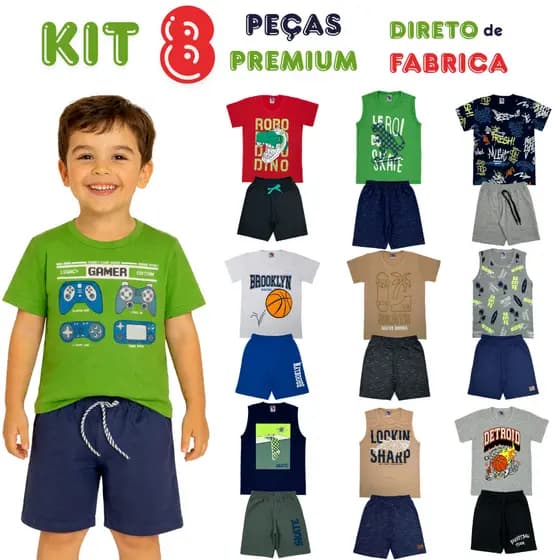Kit 8 Peças Premium Sortidas Infantis Verão Menino Estiloso 4 A 10 Anos