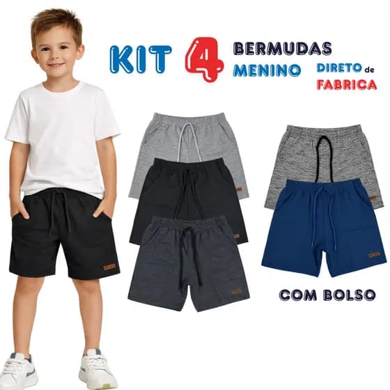 Kit 4 Bermudas Infantil Menino Com Bolso Algodão Conforto Verão 4 ao 14