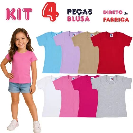 Kit 4 Blusas Manga Curta Infantil Menina Ribana Algodão Blusa Básica Confortável Tamanhos de 1 a 14 Varias Cores