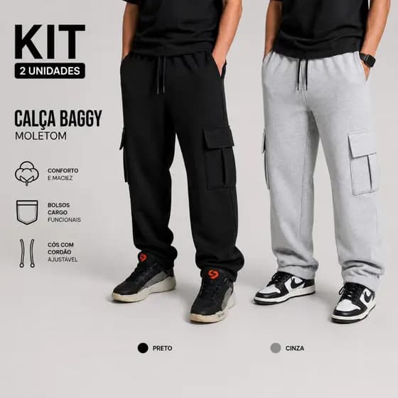 Kit 2 Calças Cargo Baggy de Moletom Unissex