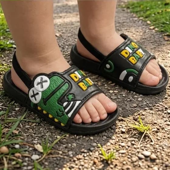 Chinelo Bebê Dinossauro Sola Antiderrapante Casual Calce Fácil Com Elástico Confortável 16ao23