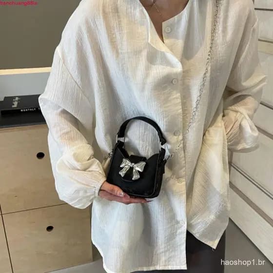 Bolsa de PU com Fivela de Laço, Couro Prateado, Mini Bolsa de Ombro Feminina, Estilo Coreano 1JTO