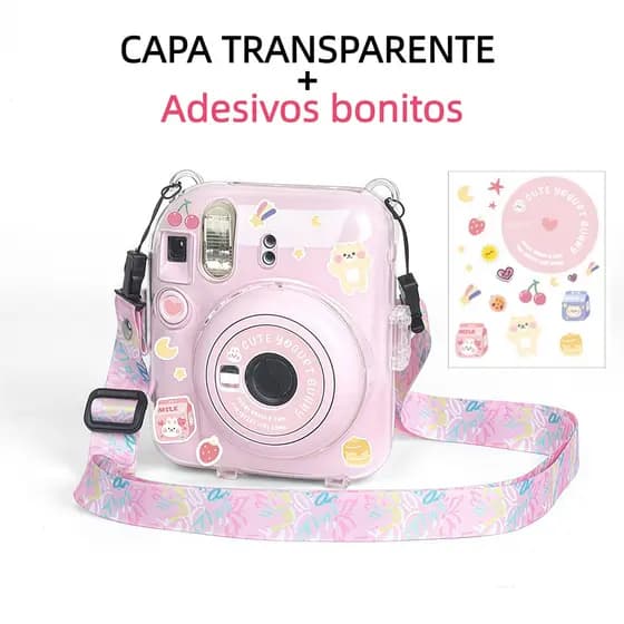 Capa Transparente Instax Mini 12 Case Cristal + Alça + Adesivos Decorativos - Kit Proteção e Estilo Fujifilm