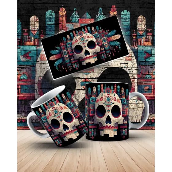 Caneca Decorada Caveira Mexicana 325ml em Cerâmica – Presente Criativo